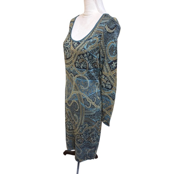 Peruvian Connection Teal Green Caribe Paisley Kashmiri Midi Sweater Dress -M - Picture 5 of 7